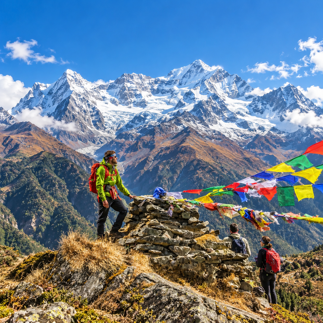 Trekkers pausing beside a prayer-flagged cairn with the Himalaya behind